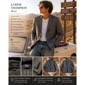 J.Crew Thompson Mens Blazer 42R Grey Plaid No Shoulder Pads 2 Button Suit Jacket